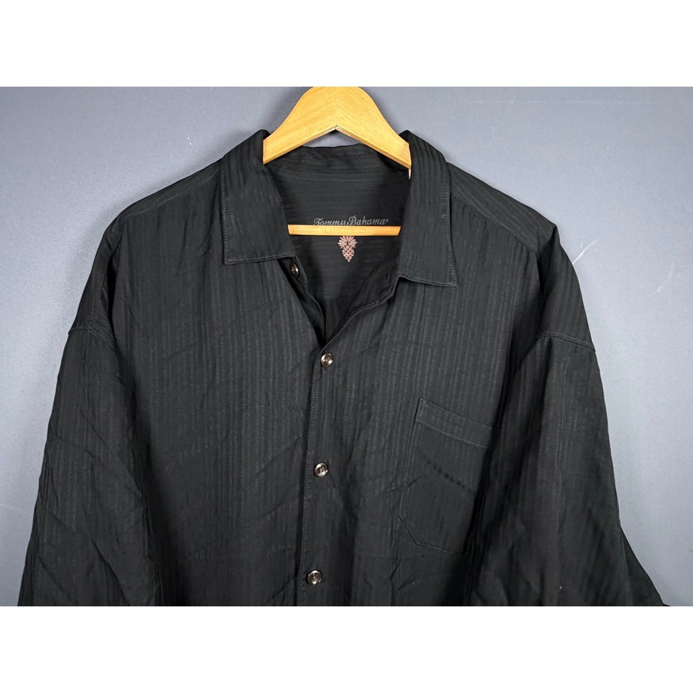 Tommy Bahama Mens XXL Black 100% Silk Short Sleeve Textured Button Down Shirt